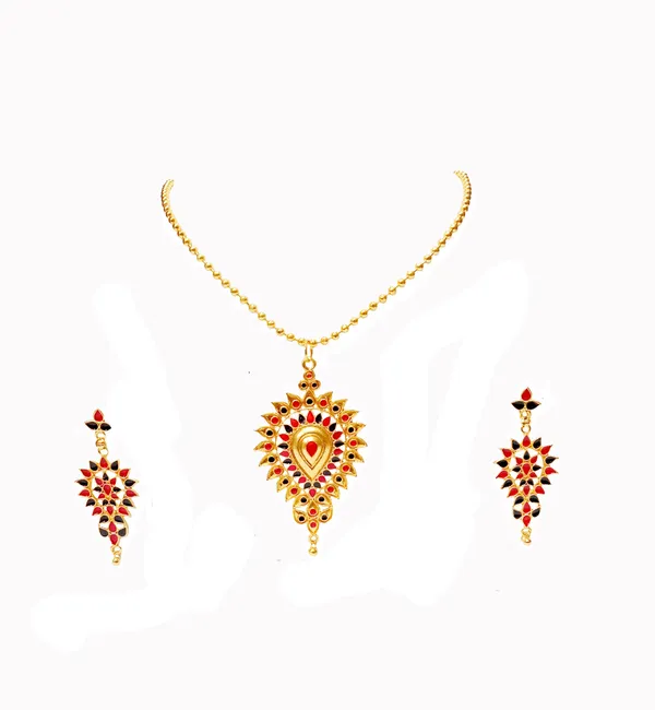 Assamese_Traditional_Gold_Plated_Red_Black_Colour_Dugdugi_Chain_Jewellery_Set_For_Women